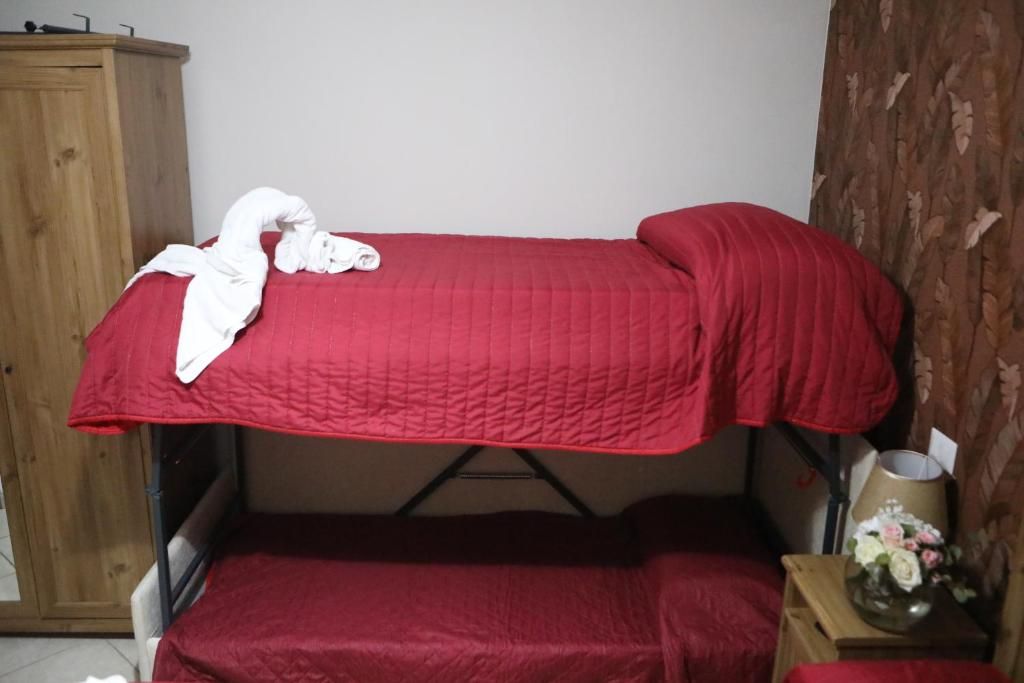 A bunk bed with a red bedspread and pillows, a wooden wardrobe, and a small bedside table with a vase of flowers.