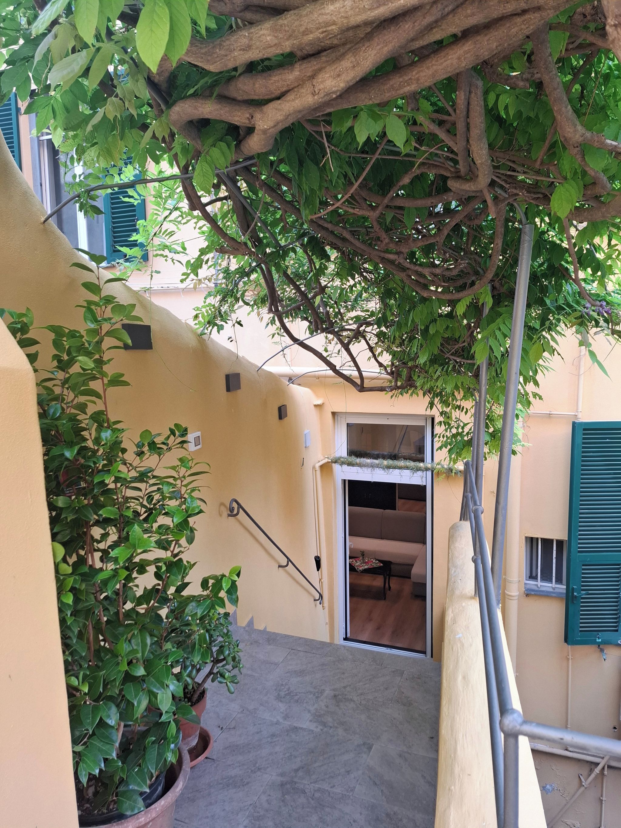 Un étroit couloir extérieur, avec un pot de fleurs sur la gauche, une rambarde en métal et une porte-fenêtre donnant sur un espace intérieur.