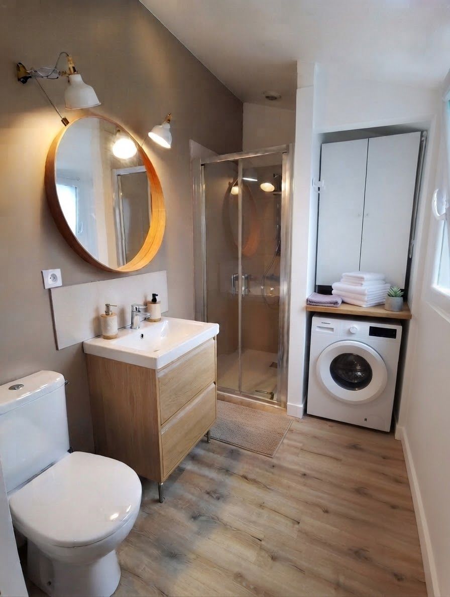 Une salle de bain moderne avec un meuble-lavabo en bois, des toilettes, un lave-linge et une cabine de douche en verre.