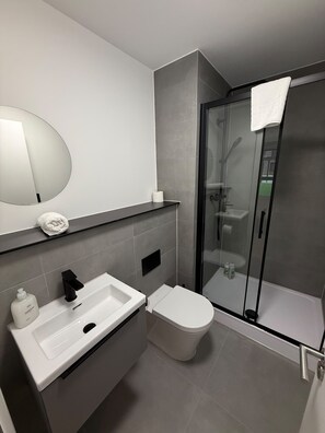 Un baño moderno con ducha envuelta en vidrio, un lavamanos blanco y un inodoro.
