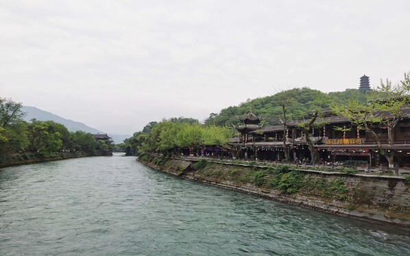 A riverside view with traditional architecture, a bridge, and a pagoda.