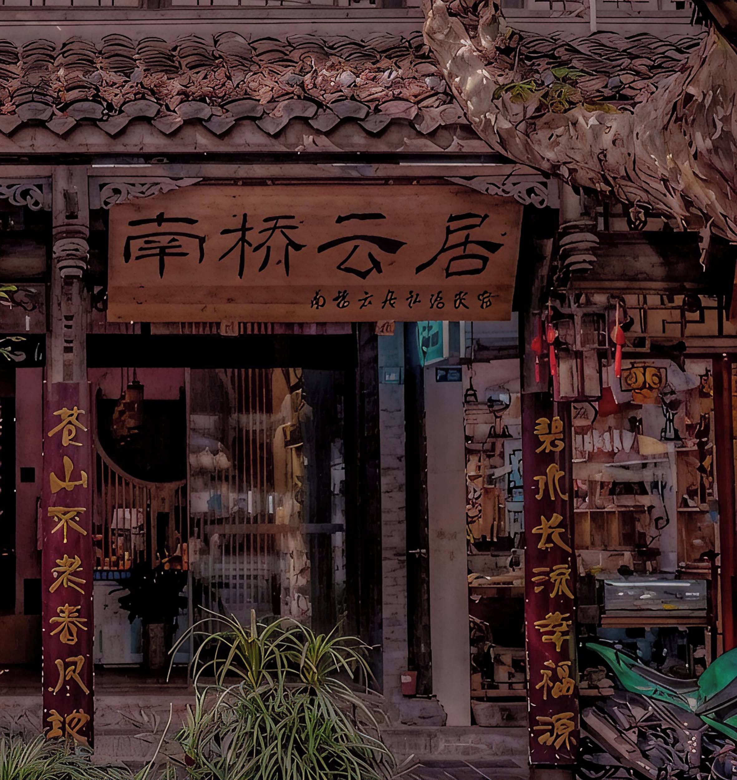 Un edificio tradicional chino con un letrero.