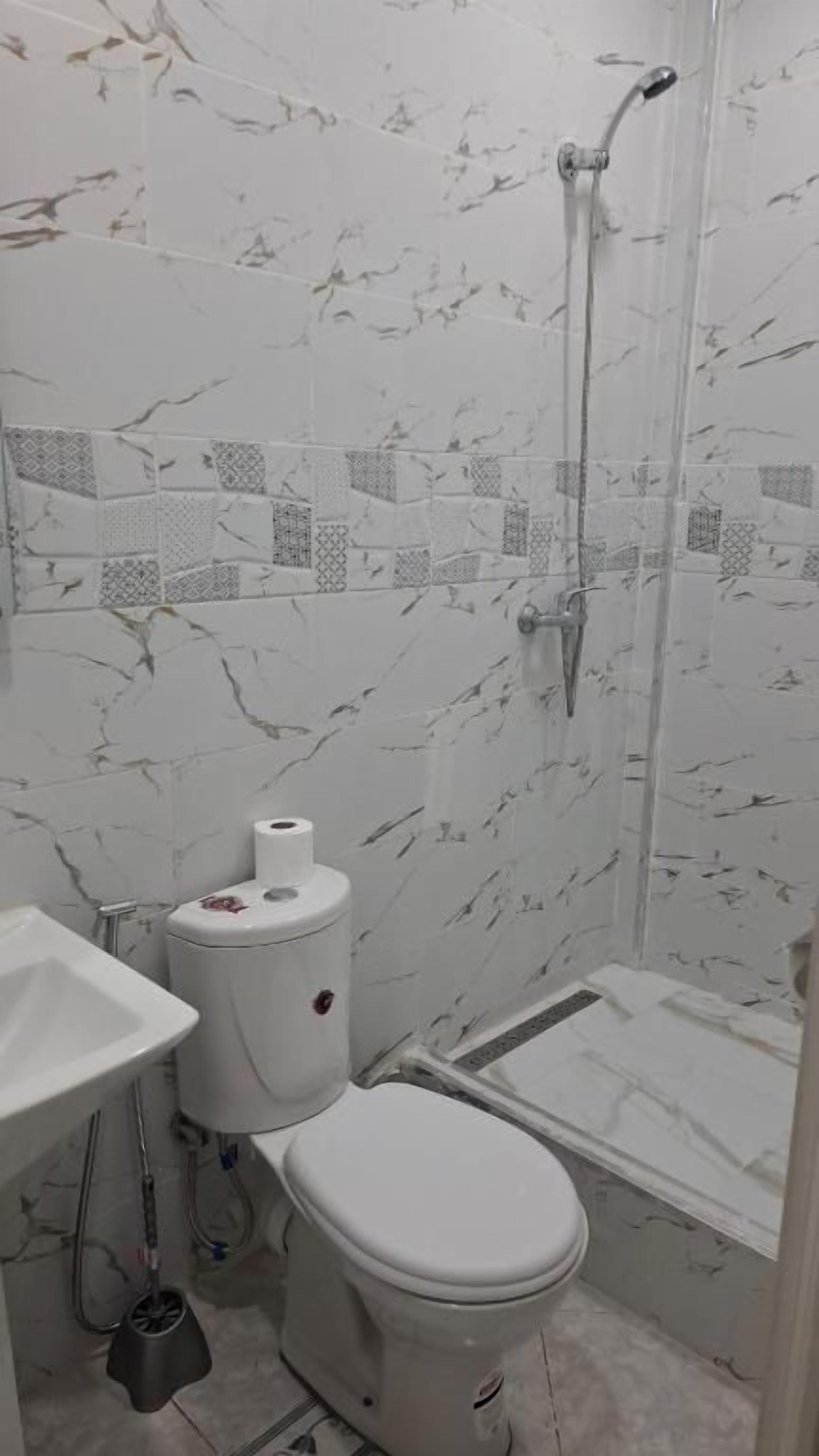 Un baño con inodoro, lavabo y ducha.