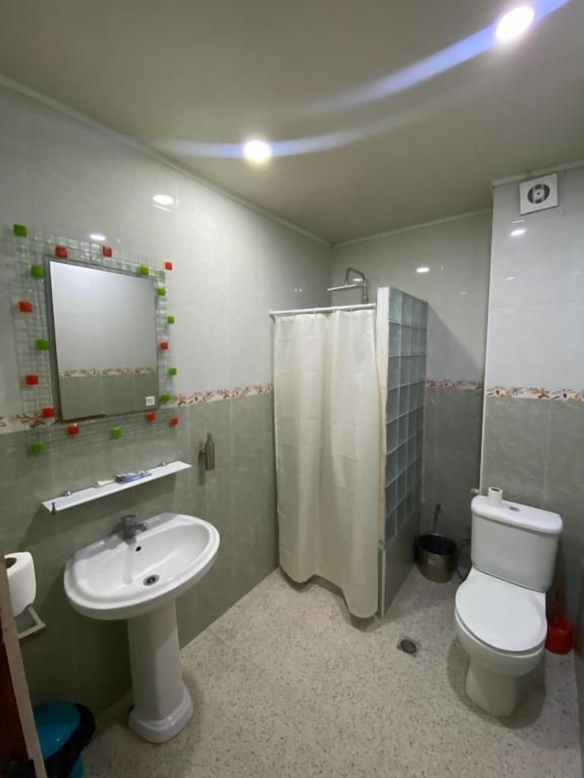 Un baño con lavamanos, inodoro, ducha y un espejo con azulejos decorativos.