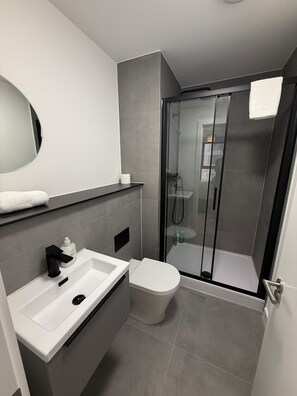 Un baño moderno con ducha, inodoro y lavabo.