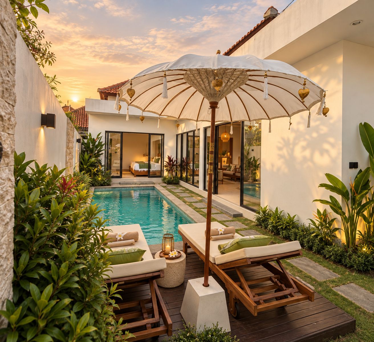 A private pool area with lounge chairs, a canopy, and a view of the interior.