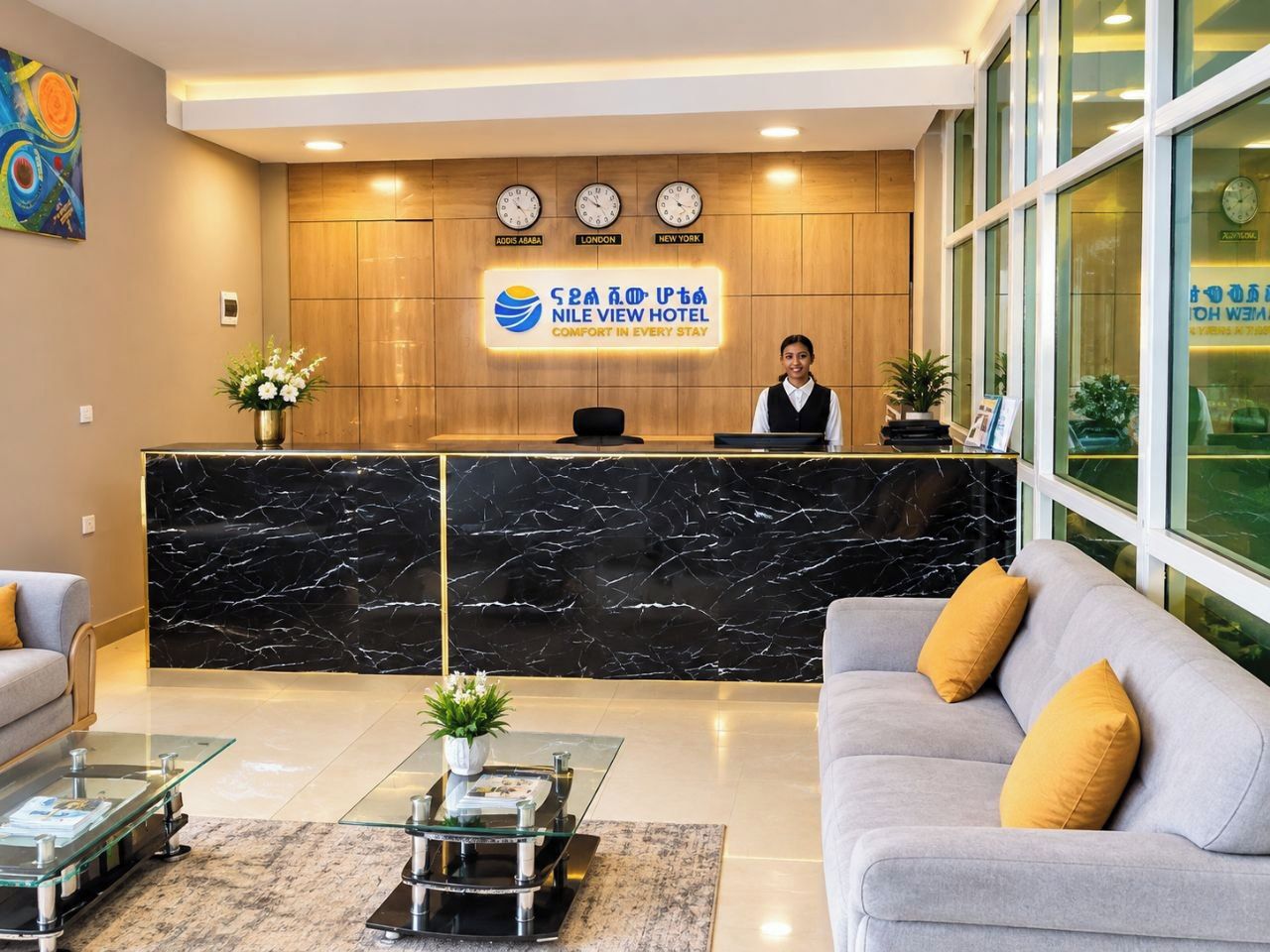 A hotel reception area with a marble reception desk, a receptionist, and a sofa with cushions.