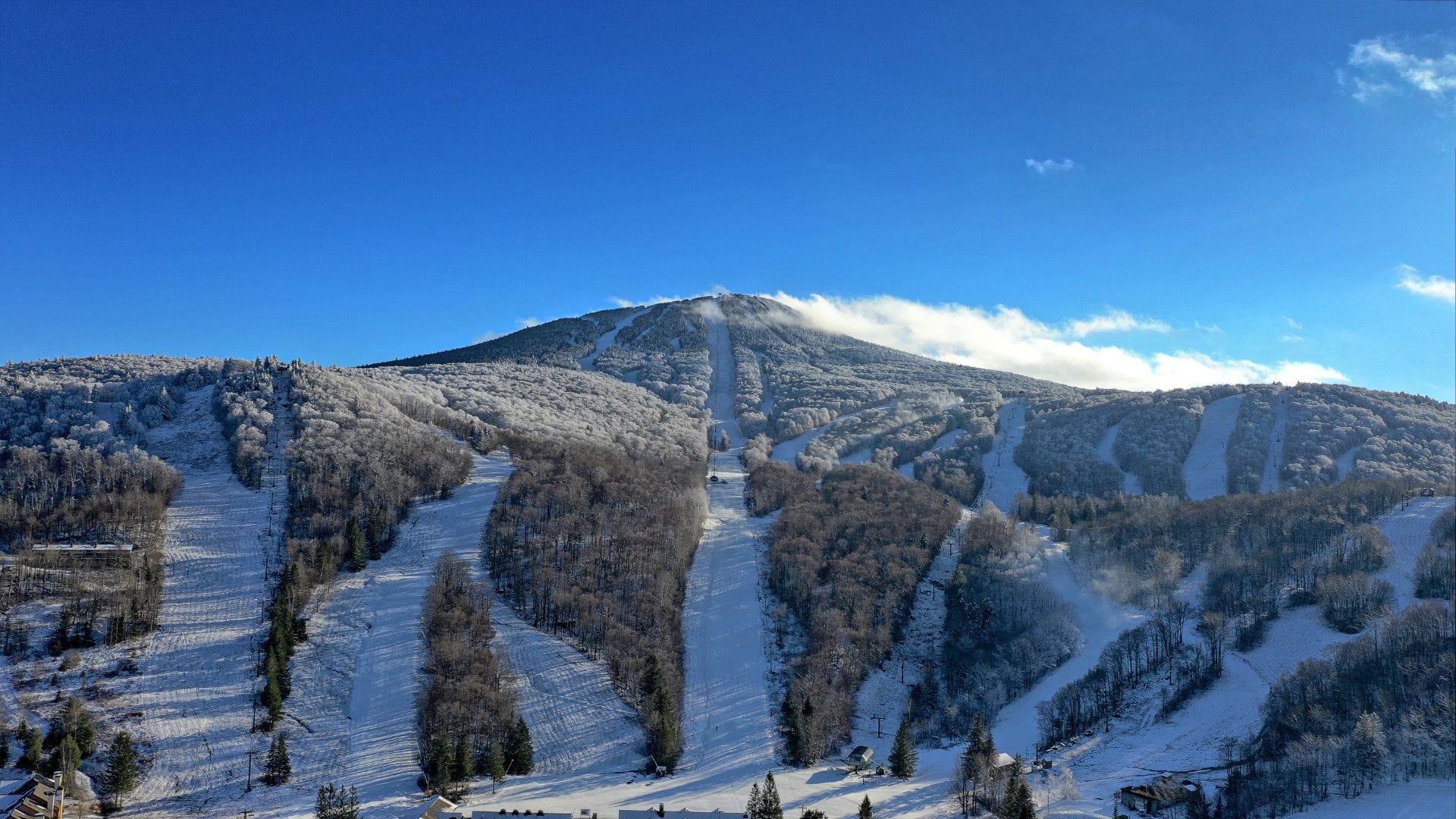 A mountain landscape with a ski slope, trees, and a clear sky.