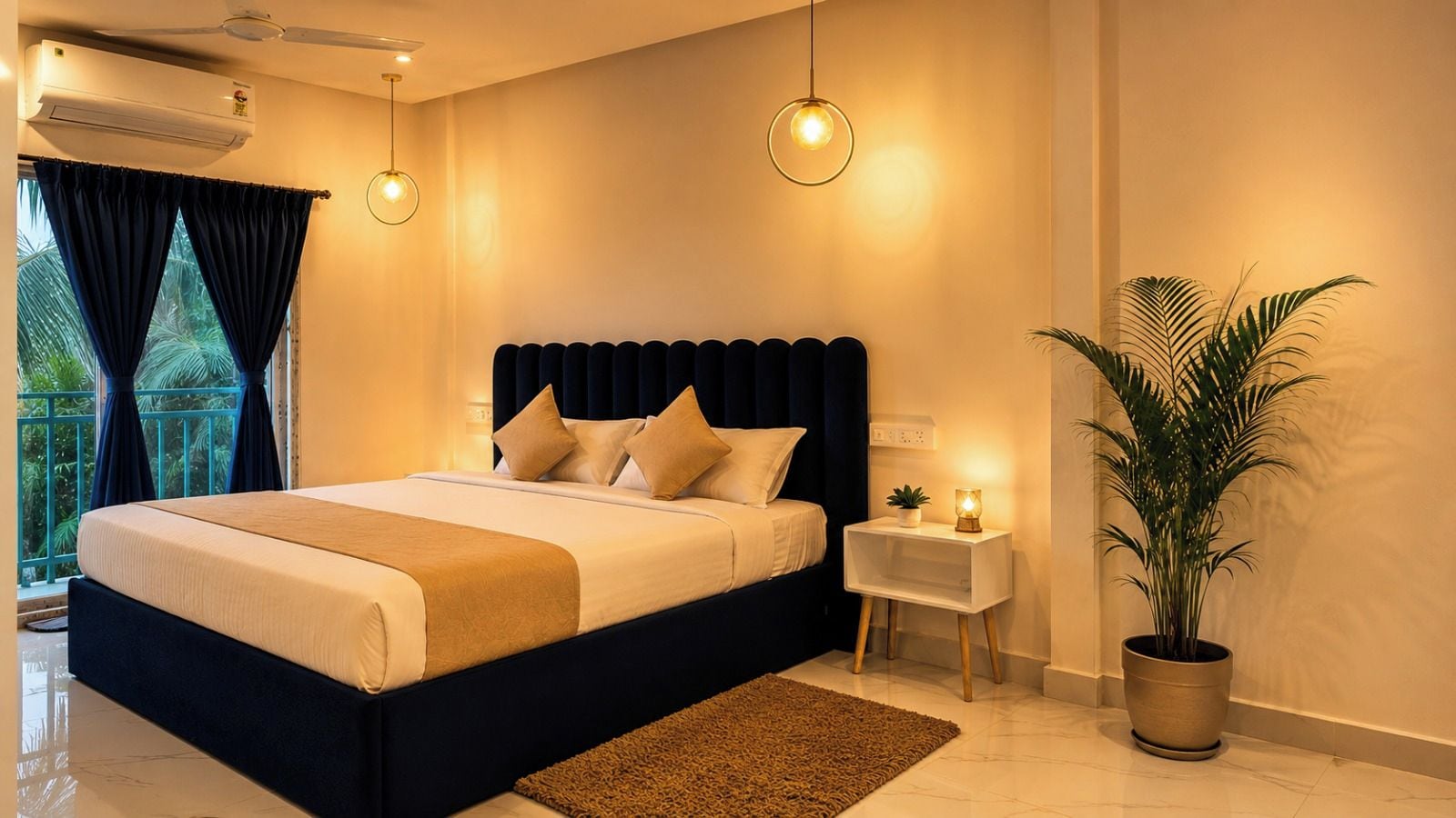 Une chambre moderne avec un grand lit, des tables de chevet, une plante en pot et une vue sur la verdure à l’extérieur.