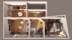 Ein modernes Interieur mit Essbereich, Küche und Wohnbereich.