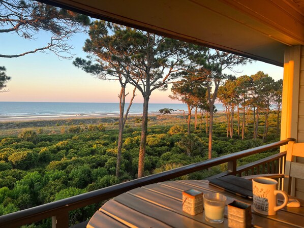 A balcony with a view of the ocean and a forested area. - Direct Oceanfront: Million Dollar Sunrise Views & Steps to Coligny (Hilton Head Island)