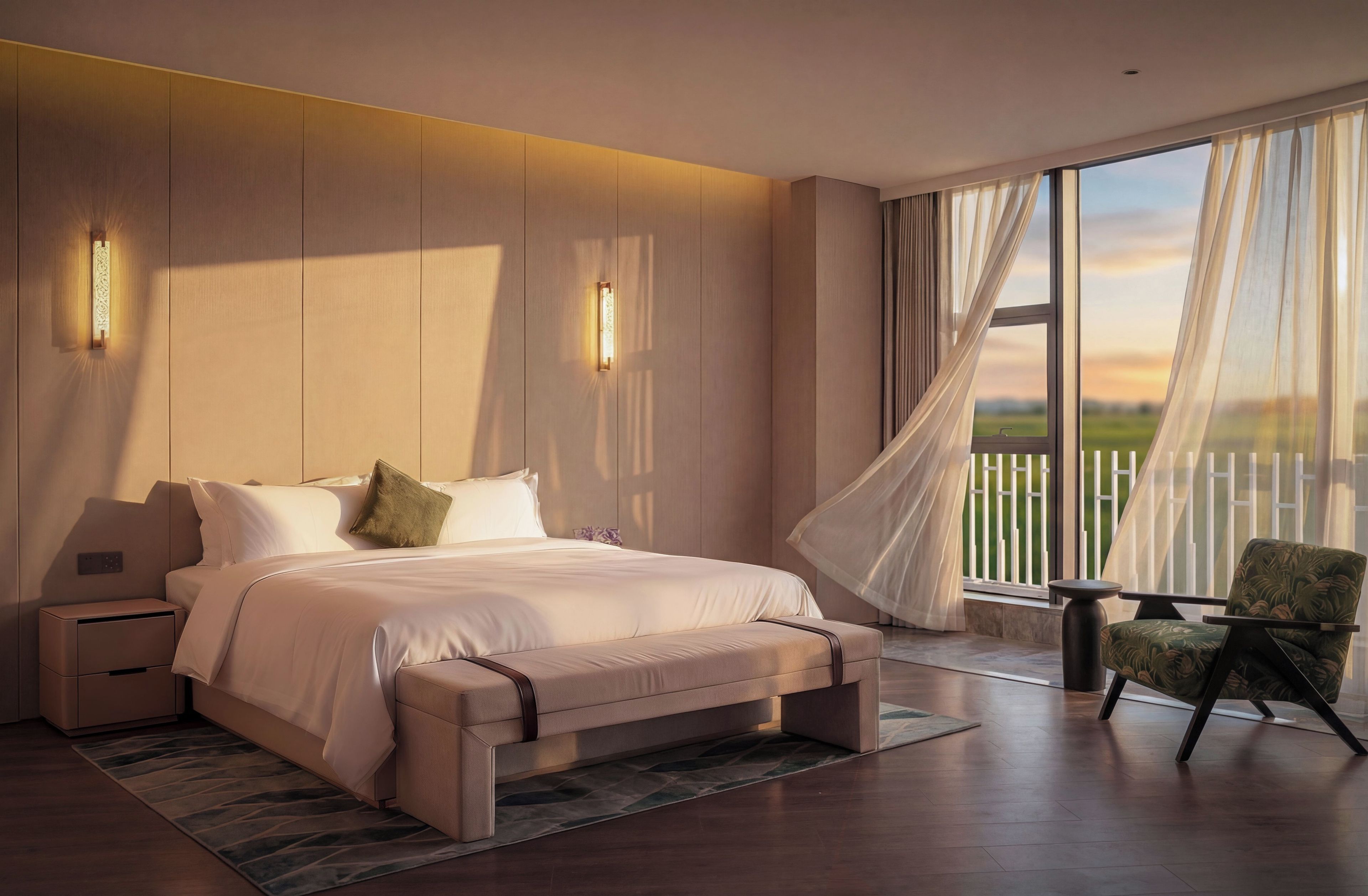 A modern bedroom with a large bed, bedside tables, a chair, and a view of the outdoors.