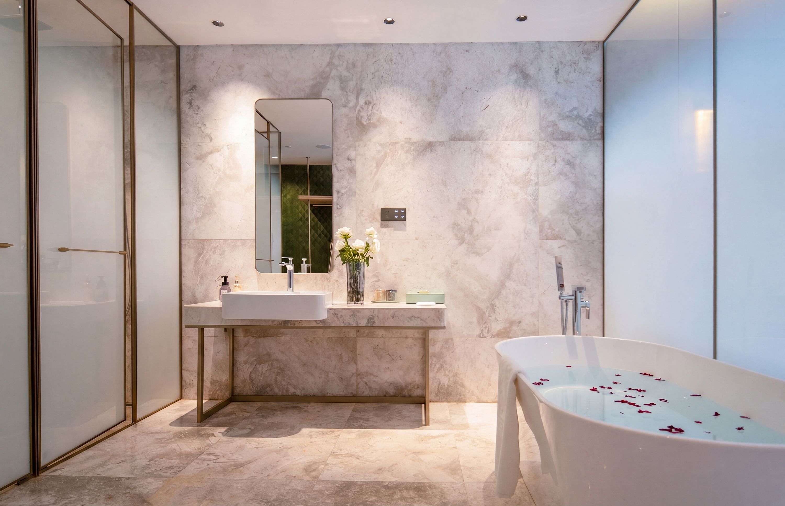 Un baño moderno con una bañera independiente, un espejo grande y un tocador con lavabo.