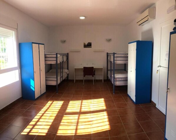 A dormitory room with bunk beds, a desk, and a window.