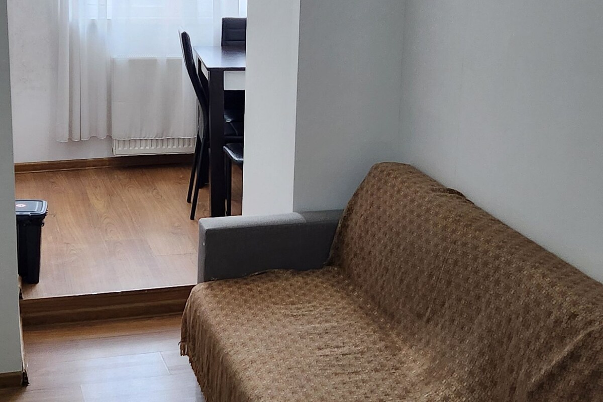 A room with a sofa, a table, and a chair. There is a window with curtains, a radiator, and an air conditioning unit on the wall.