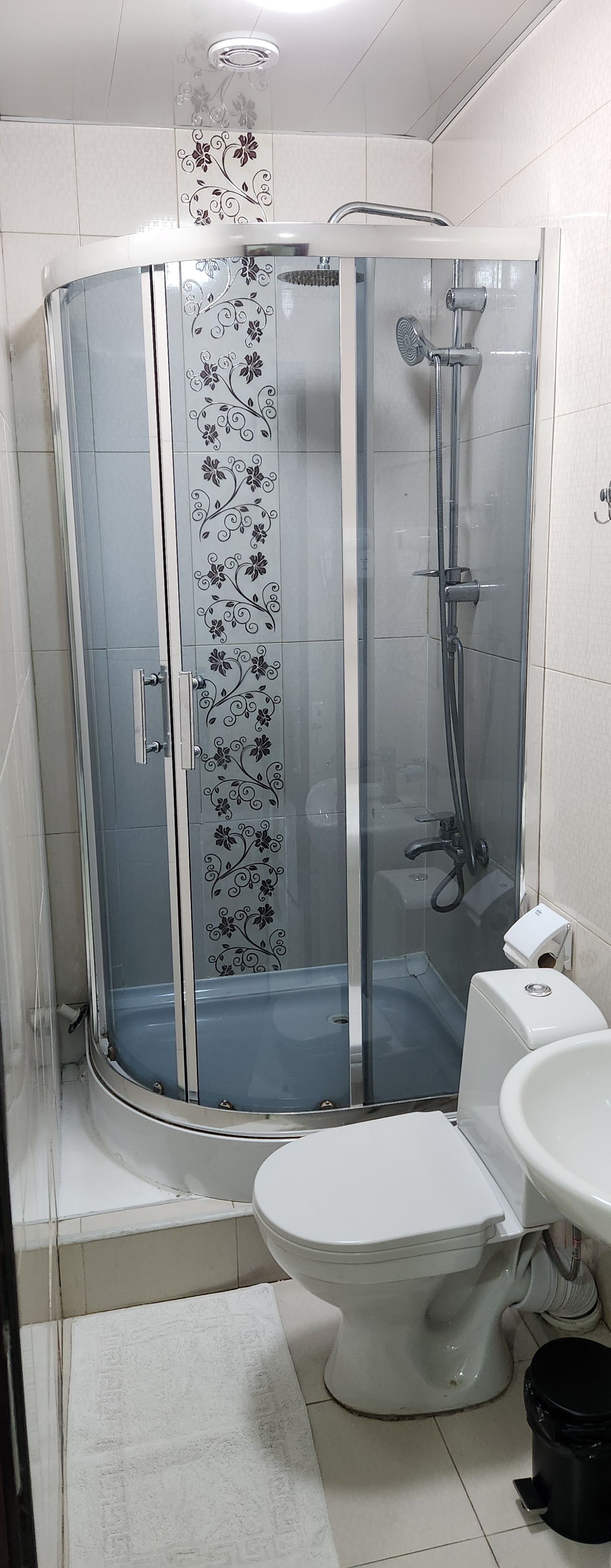 Un baño con ducha envuelta en vidrio, inodoro y lavamanos.