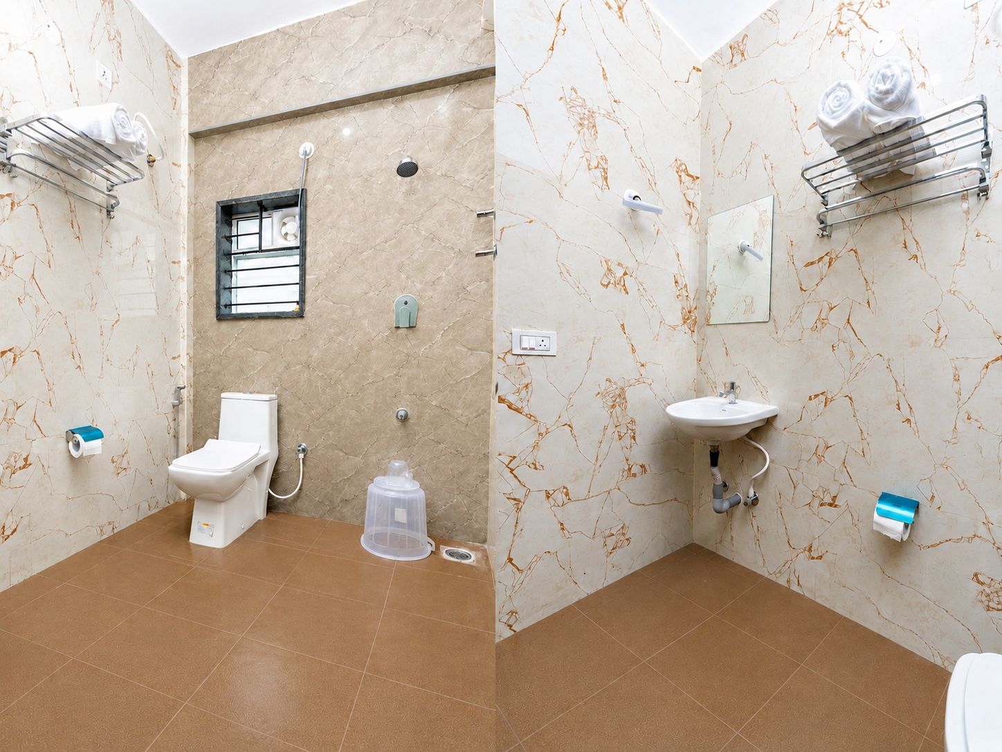 A bathroom with a toilet, shower, sink, and towel racks.