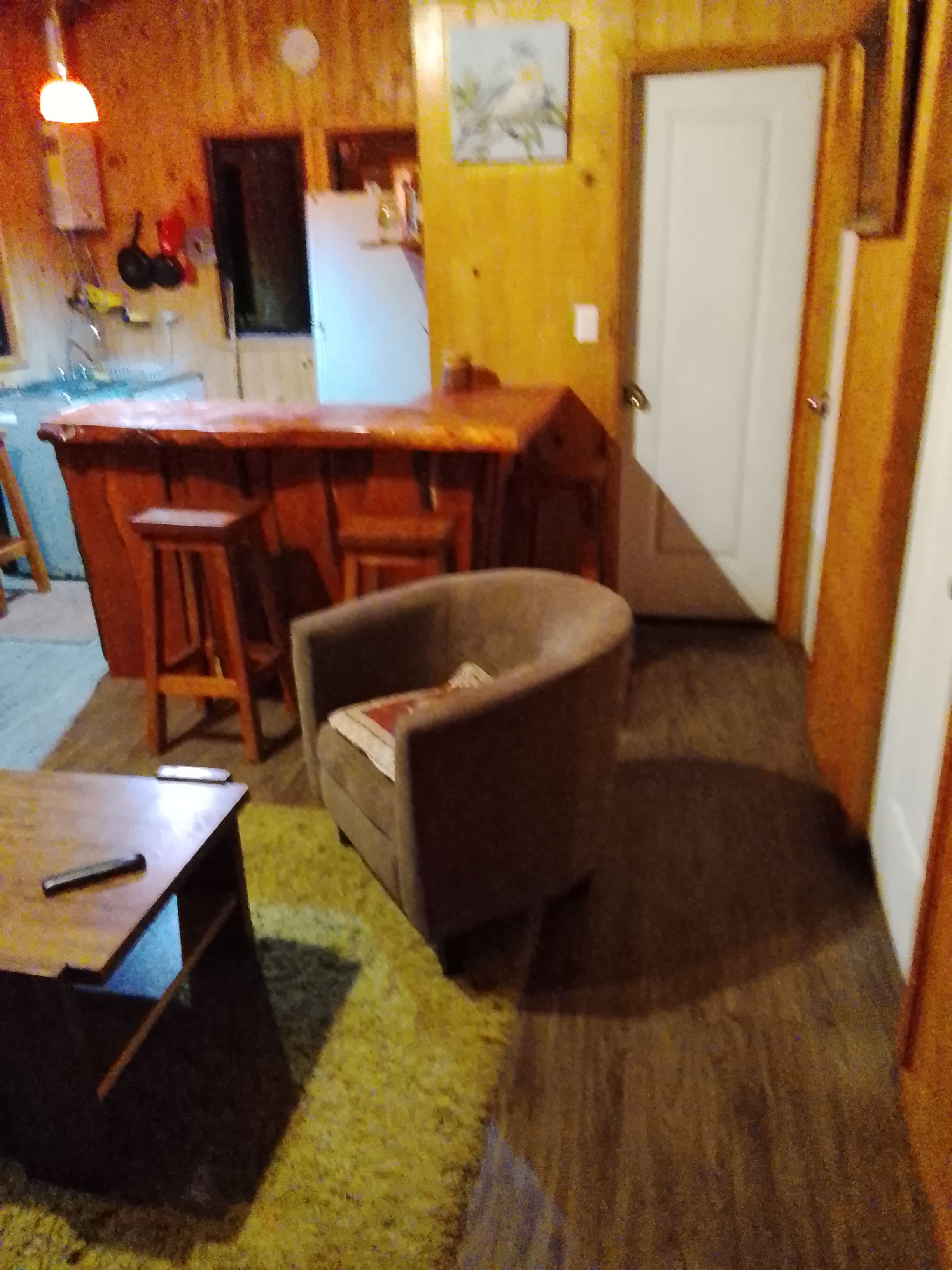 Ein Zimmer mit Esstisch, Stühlen, einer Couch und einer Küchenzeile im Hintergrund.