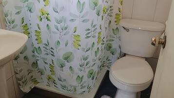 Un baño con inodoro, lavamanos y cortina de ducha con estampado de hojas. Hay felpudos a rayas en el suelo.