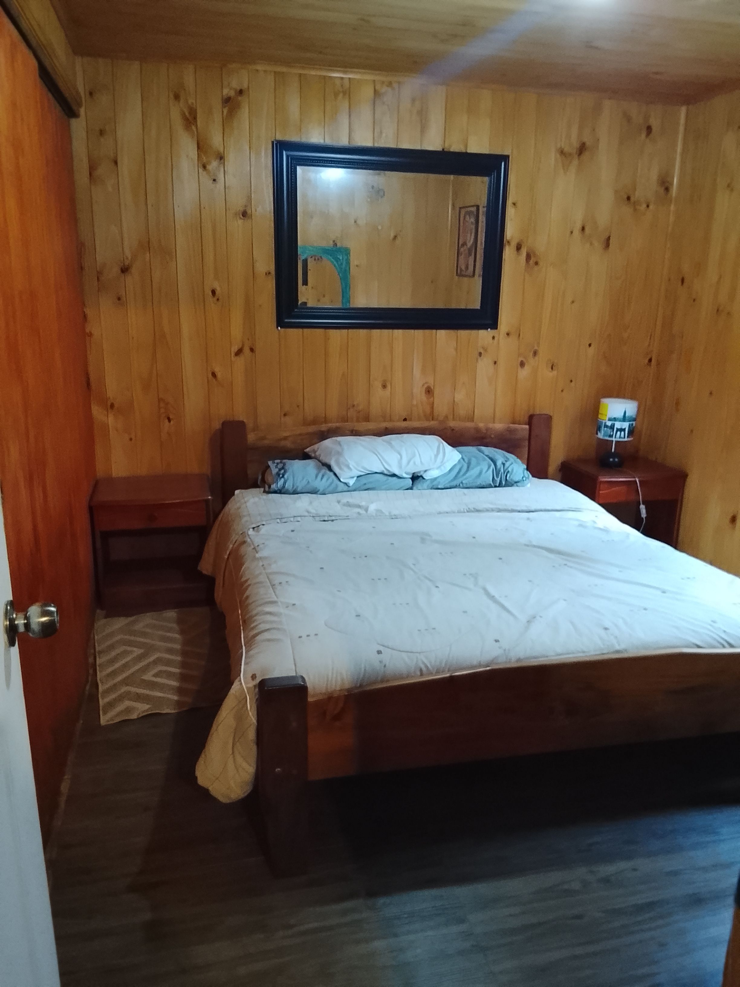 Una habitación con paneles de madera, una cama, una mesita de noche, una lámpara y una puerta.