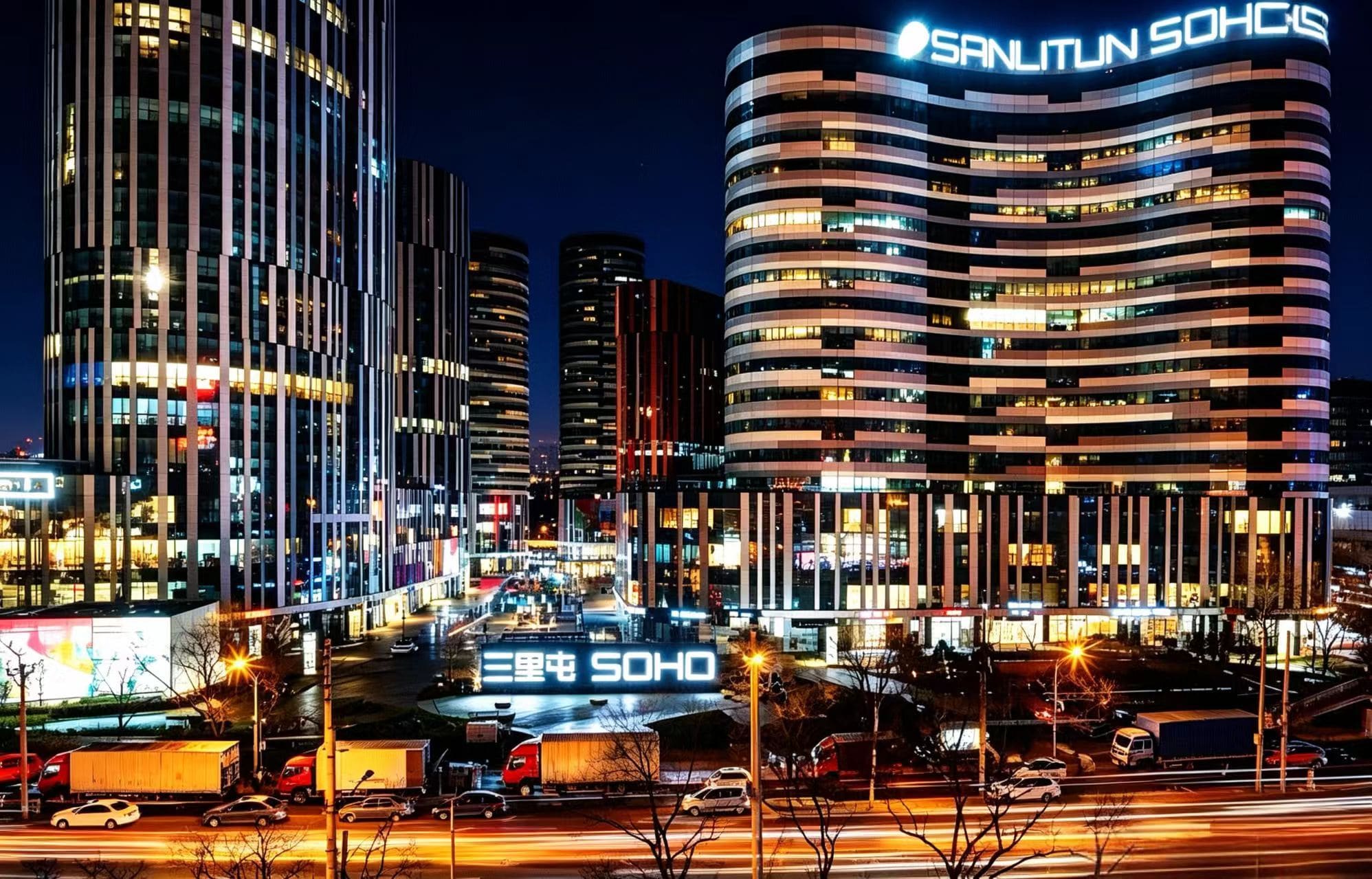 A modern urban skyline with illuminated buildings, including a prominent curved structure with 'SANLITUN SOHO' signage.