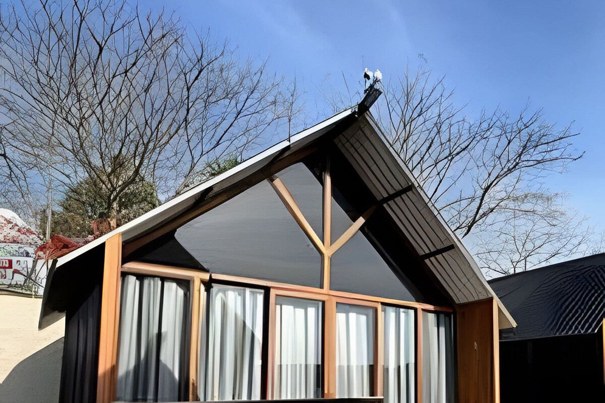 A modern building with a sloped roof, large windows, and a balcony.