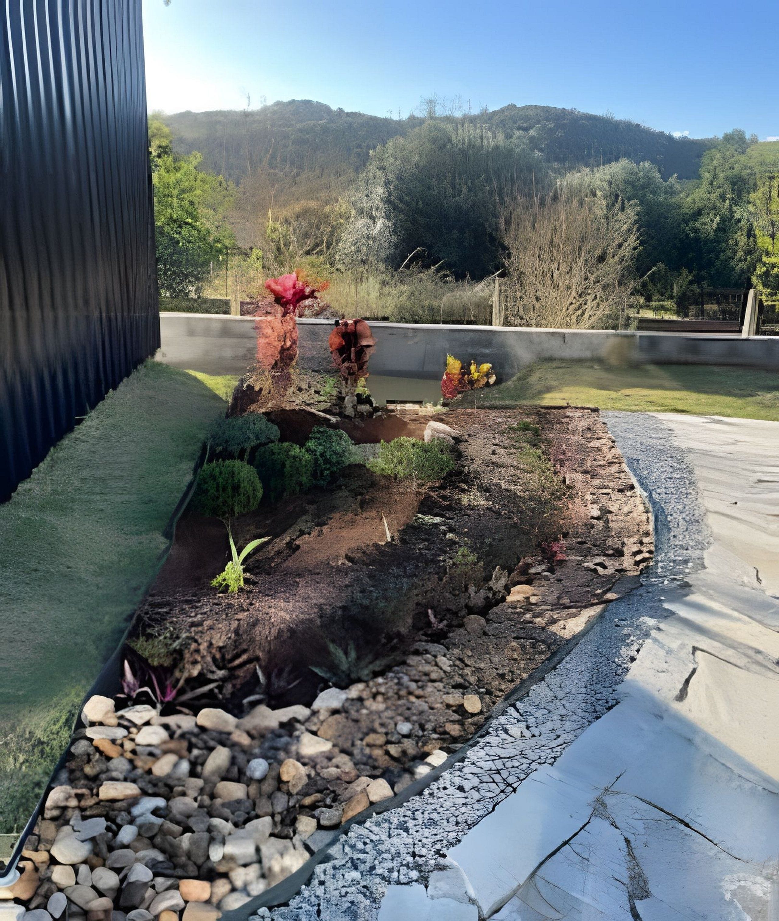 Jardim bem cuidado com diversas plantas e um pequeno lago.