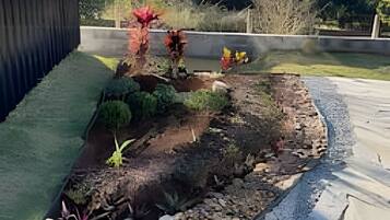 Jardim bem cuidado com diversas plantas e um pequeno lago.