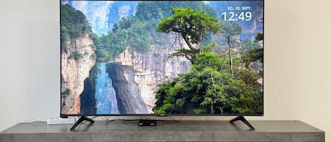 A flat-screen TV on a modern, minimalist entertainment unit with a mountainous landscape wallpaper.