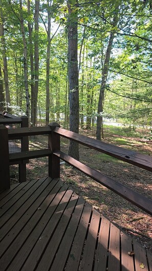 Eine Holzterrasse mit Geländer, die auf einen bewaldeten Bereich blickt.