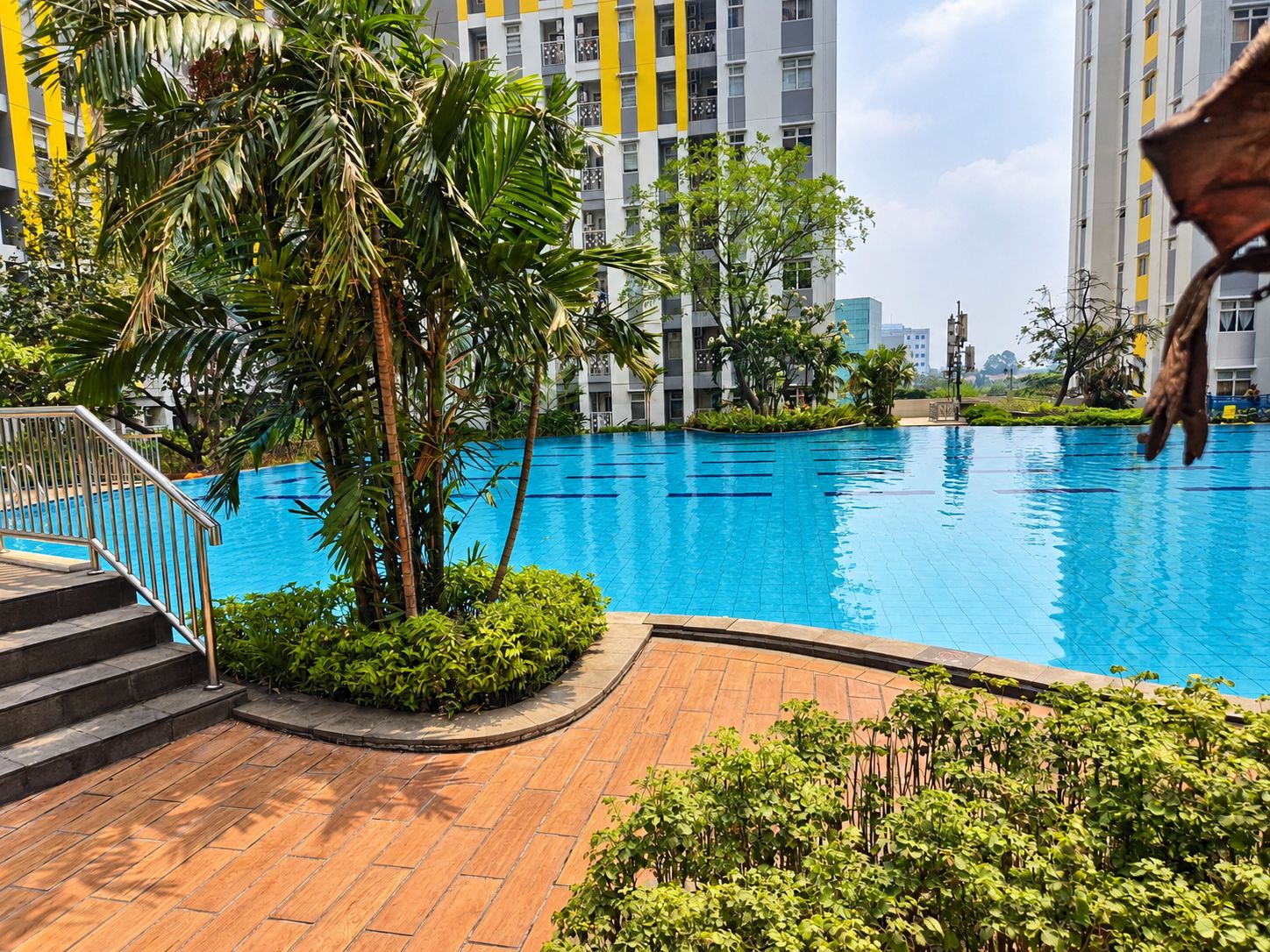 A swimming pool surrounded by greenery and modern buildings.