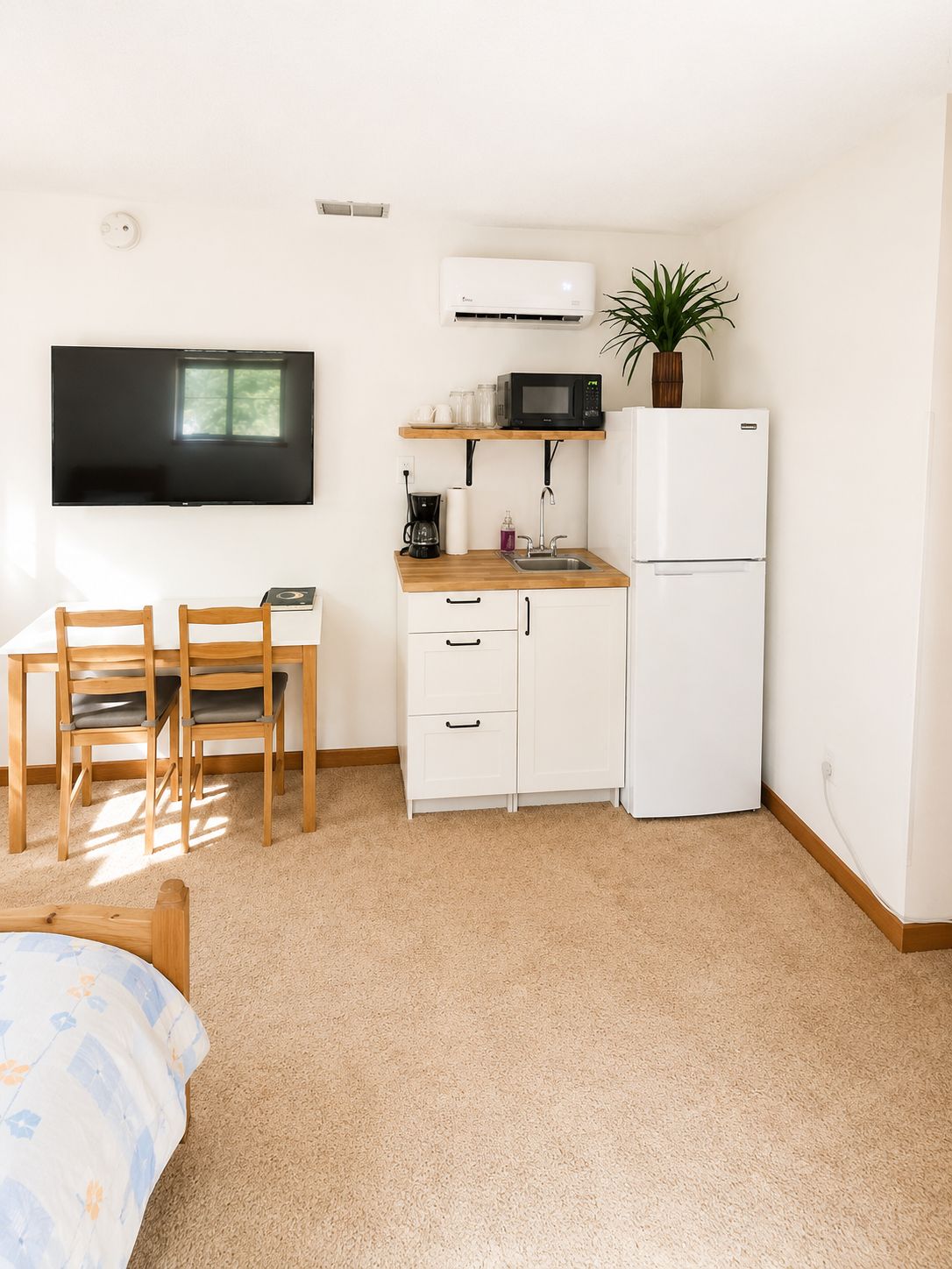 Ett kompakt boendeutrymme med ett litet kök, en matplats med två stolar, en platt-TV som är monterad på väggen och en krukväxt.