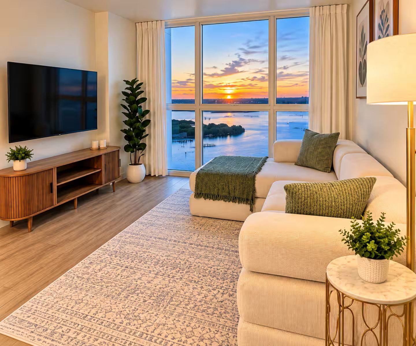 A modern living room with a large flat-screen TV, a sofa, a coffee table, and a view of a sunset over water.