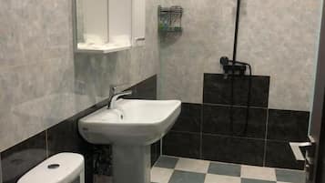Un baño con inodoro, lavamanos y ducha.