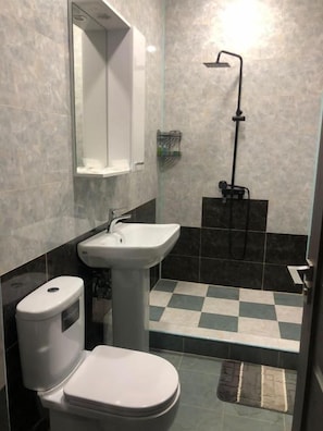 Un baño con inodoro, lavamanos y ducha.