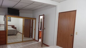 Un dormitorio con cama, armario, espejo y televisión.