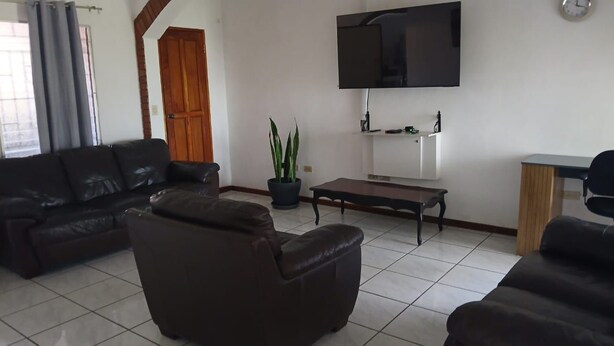 Una sala de estar con sofá, una mesa de centro, televisor y una planta en maceta.