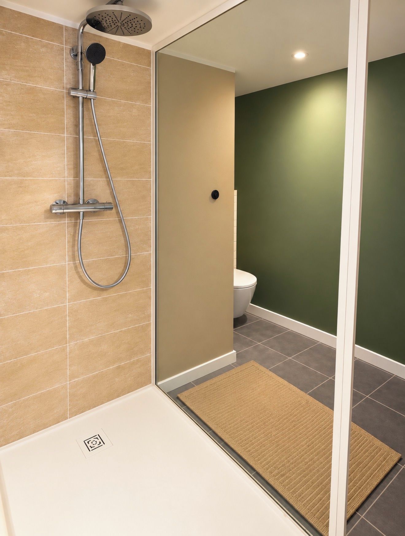 Une salle de bain moderne équipée d’une douche, de toilettes et d’une porte visible donnant sur une autre pièce.