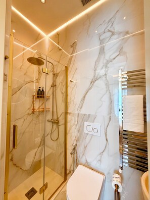 Un baño moderno con ducha de vidrio, inodoro blanco y barra para toallas.