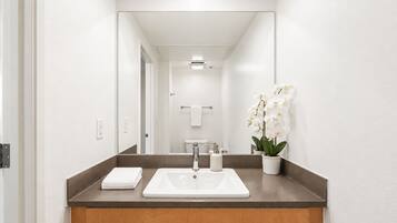 A modern bathroom with a white sink, a mirror, and a potted orchid.