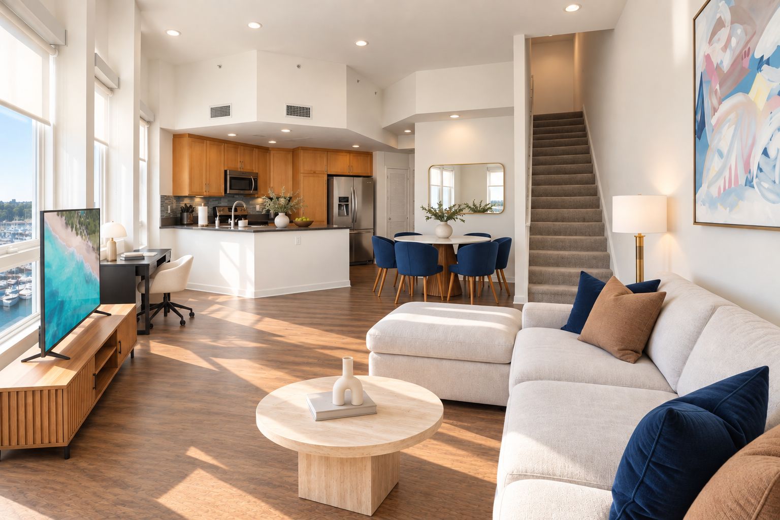 Una sala de estar moderna con sofá, mesa de centro y televisión. Se observa una cocina al fondo con zona de comedor.