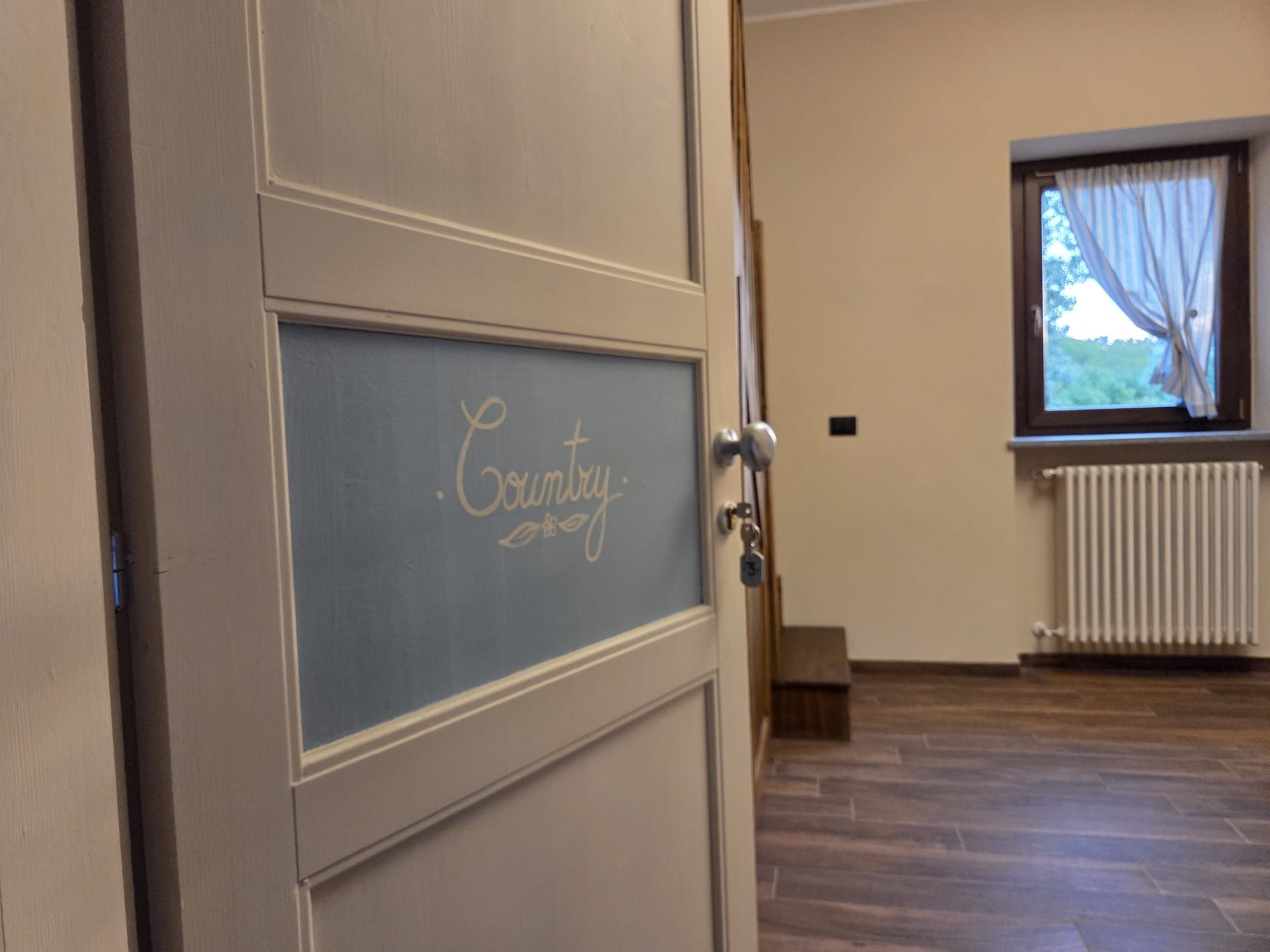 A door with a sign that reads 'Country.'
