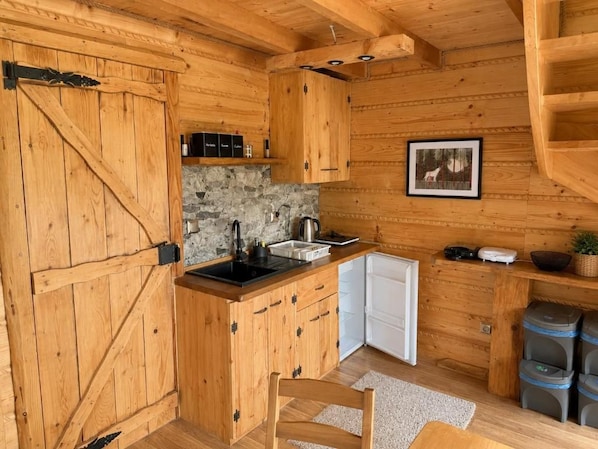Interior de una cabaña de madera con zona de cocina, que incluye estufa, lavabo y armarios.