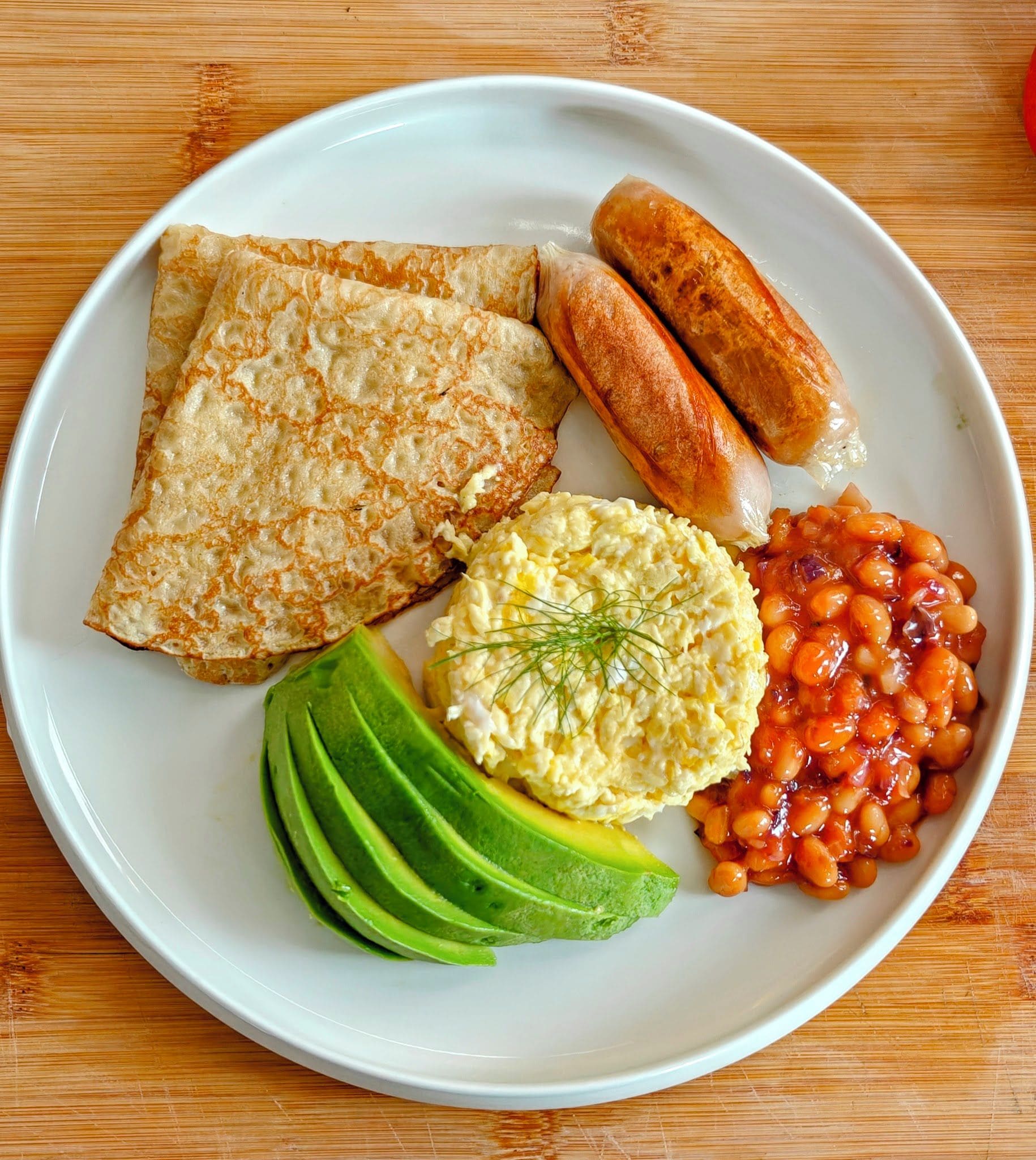 Een bord met toast, worstjes, roerei, gebakken bonen en plakjes avocado.