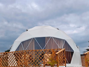 Estrutura em forma de cúpula geodésica com cerca de treliça na frente.