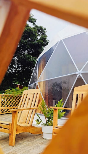 Estructura de cúpula geodésica transparente con sillas de madera y una planta en maceta en su interior.