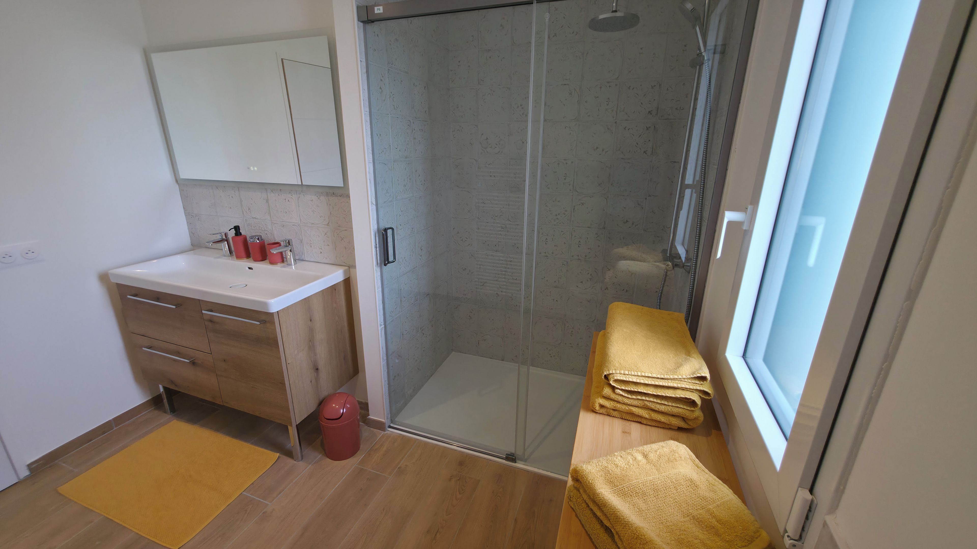 Une salle de bain avec une douche, un lavabo et un miroir.