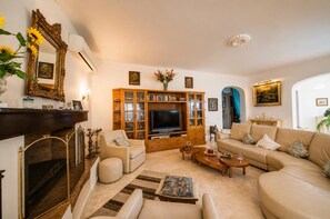 Una sala de estar con chimenea, sofá, televisor y estantería.