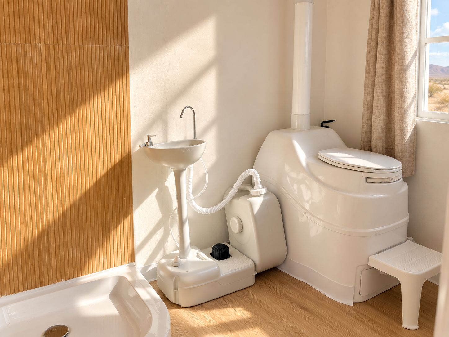 A compact bathroom with a white sink, toilet, and bidet.