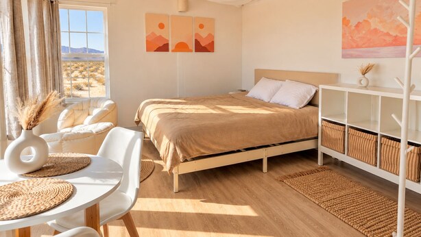 Un dormitorio con cama, escritorio, sillas, perchero y obras de arte en las paredes.